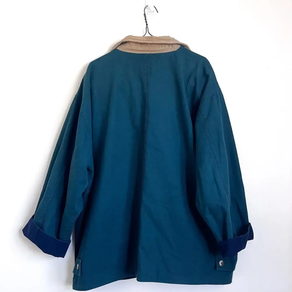 Vintage 90s Chore Barn Mens Jacket Size XL Blue Green Reversible Corduroy Collar